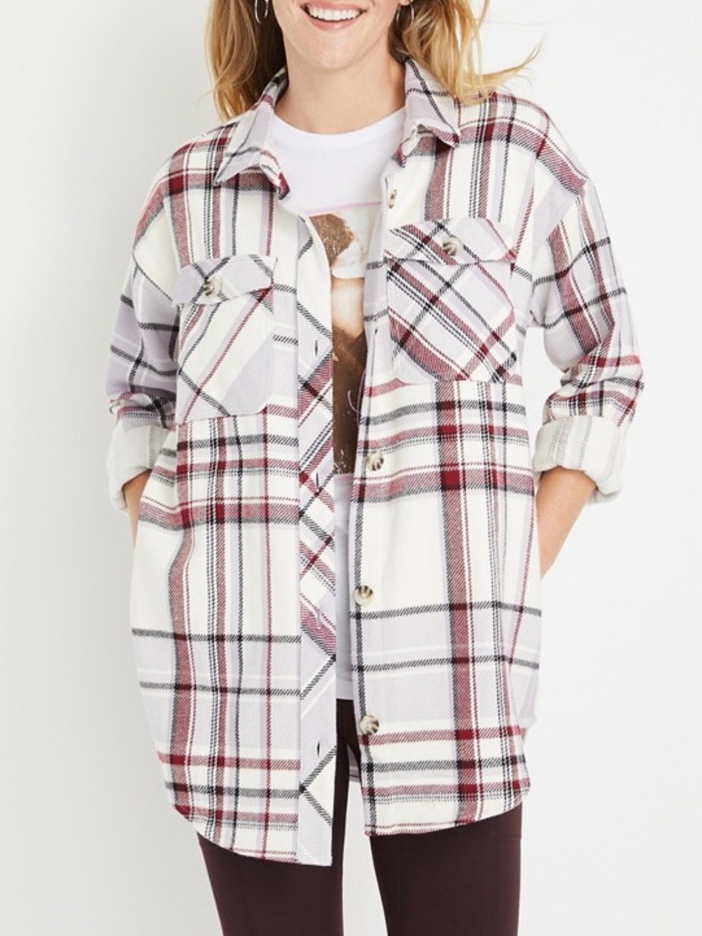 Maurices White & Purple Plaid Flannel Shacket Oversized Twill Medium Women’s